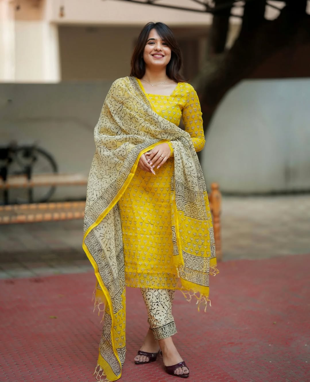 Mustard Yellow Printed Kurta Set with Dupatta