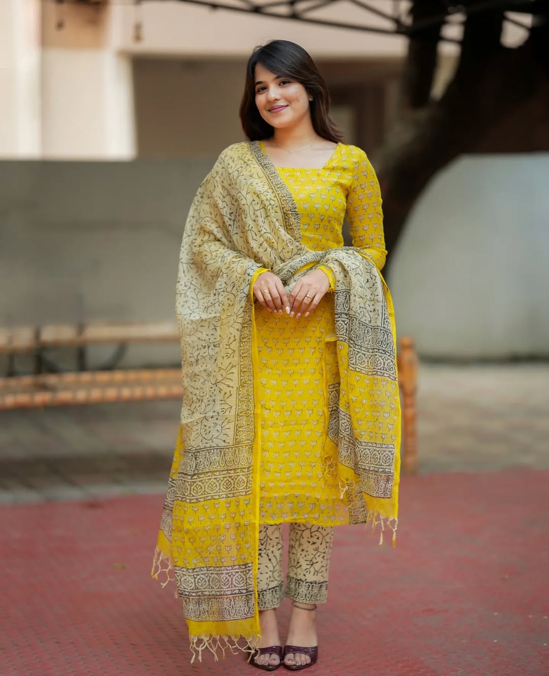 Mustard Yellow Printed Kurta Set with Dupatta