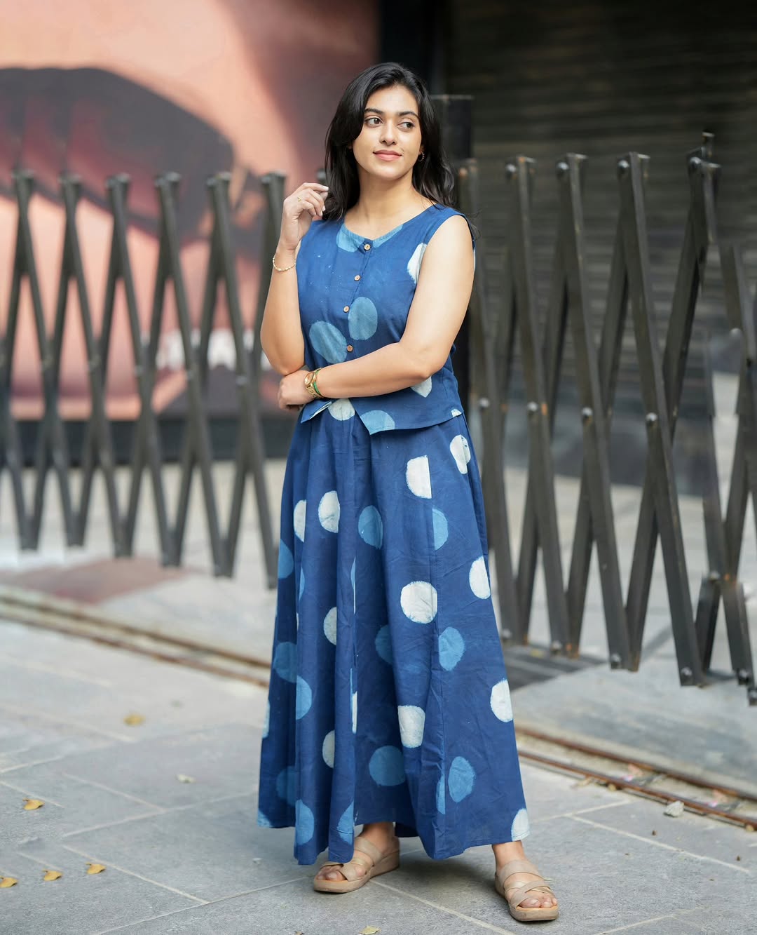 Indigo Printed Sleeveless Top with Flared Skirt Set
