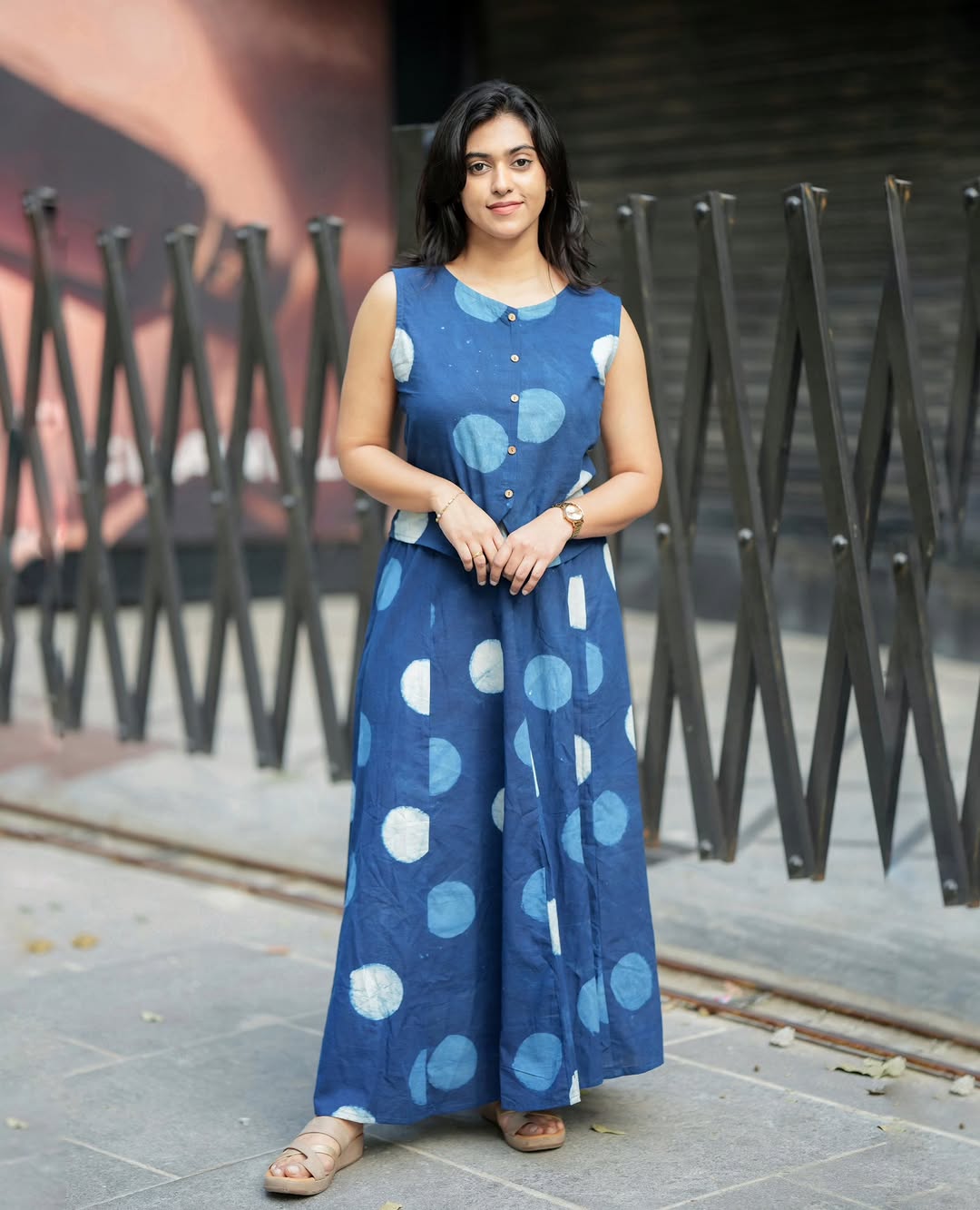 Indigo Printed Sleeveless Top with Flared Skirt Set