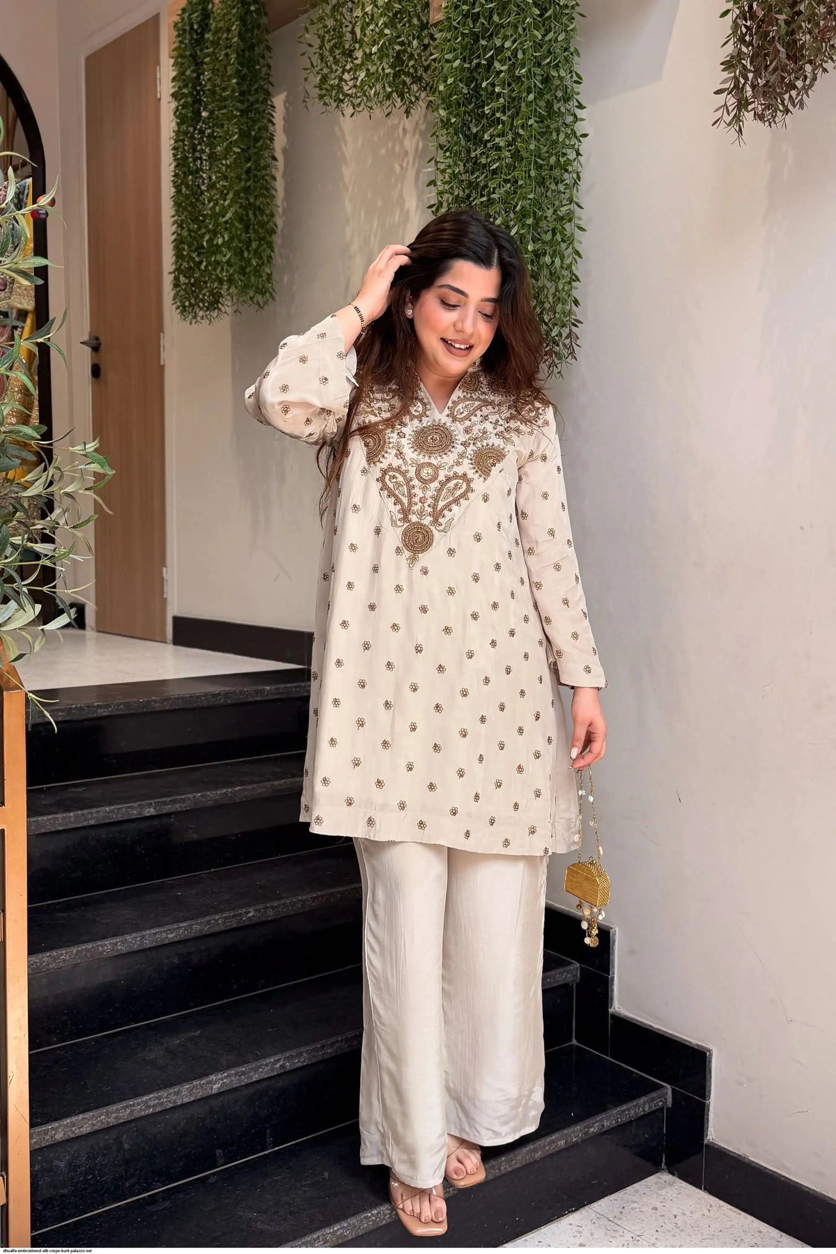 Women’s Ivory Embroidered Kurta Palazzo Set