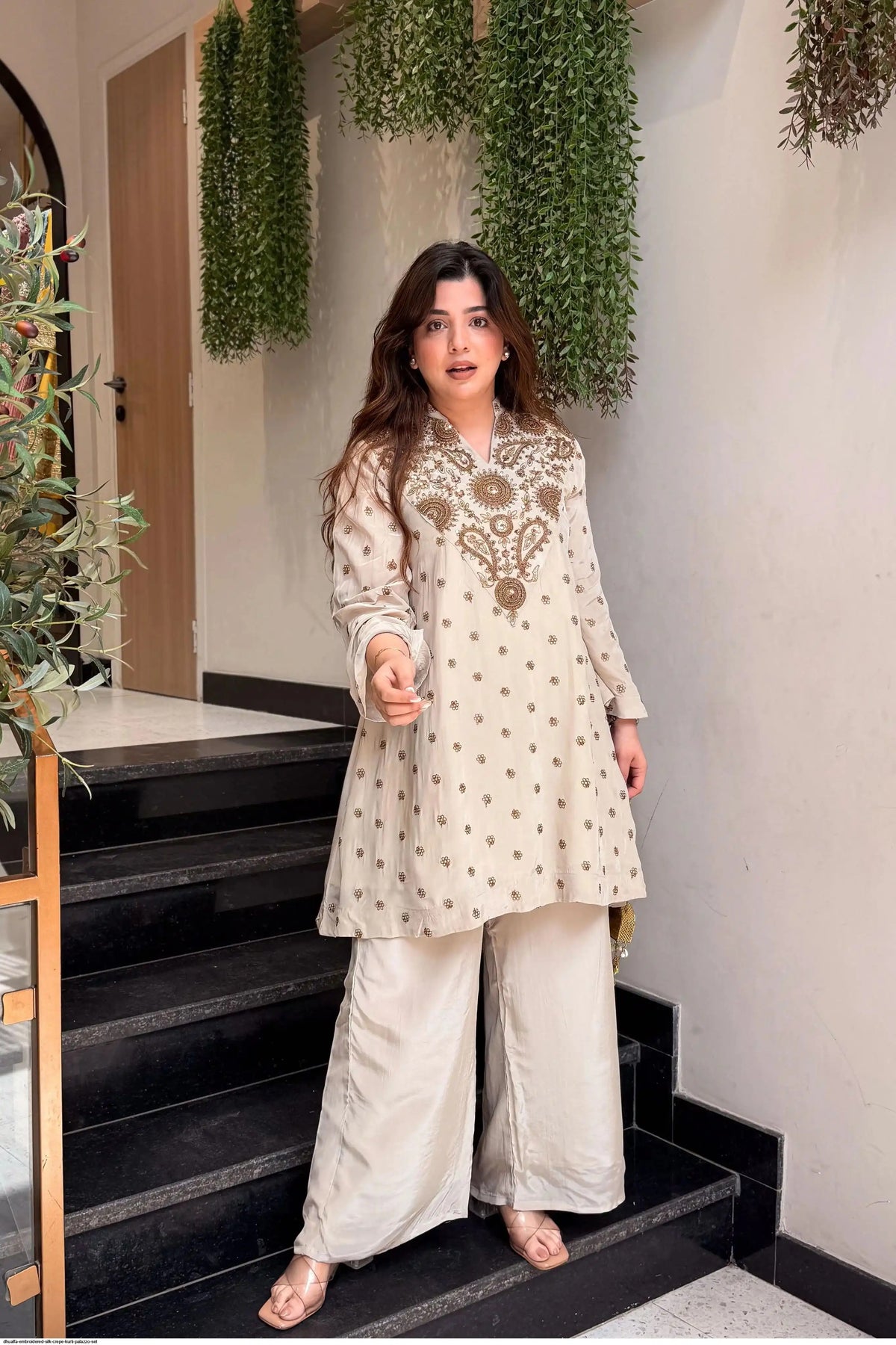 Women’s Ivory Embroidered Kurta Palazzo Set