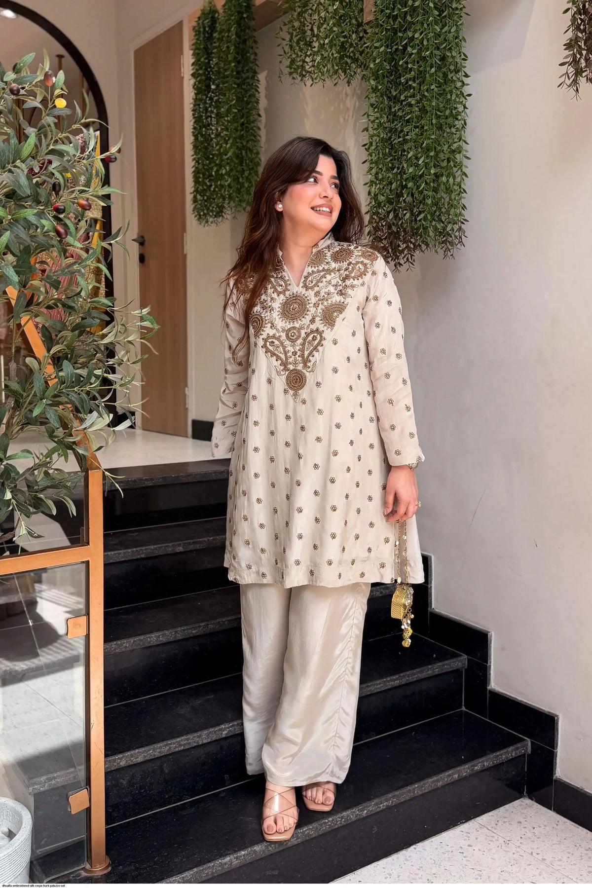 Women’s Ivory Embroidered Kurta Palazzo Set