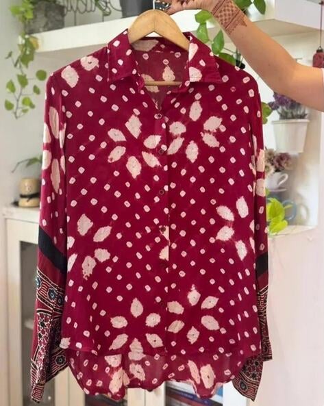Cherry Red Bandhani Floral Print Shirt