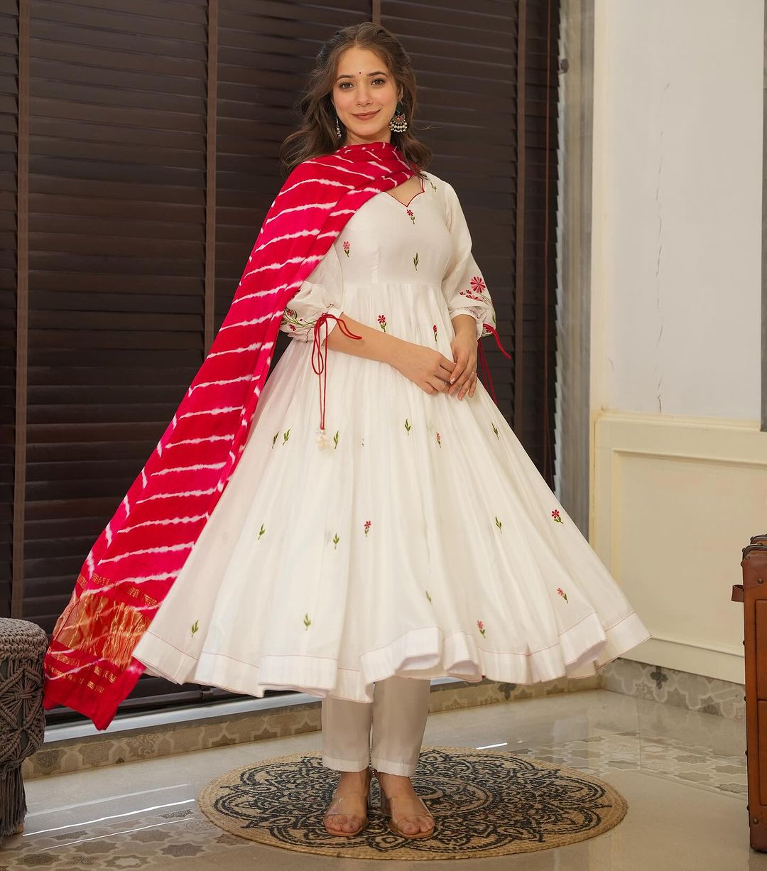 White Roman Silk Anarkali Suit Set