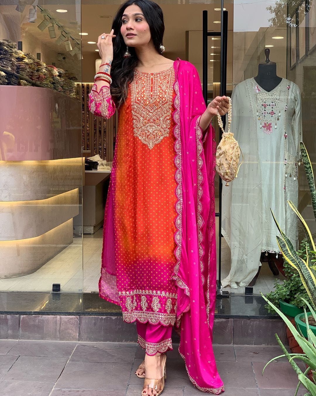 Orange rani mirror work suit set