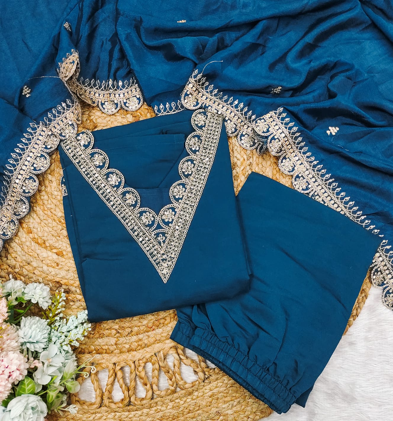 Roman Satin Febric With Heavy Work Suit Set