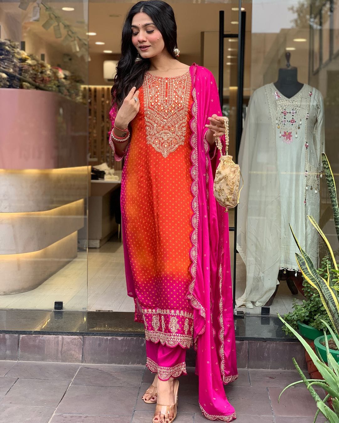 Orange rani mirror work suit set