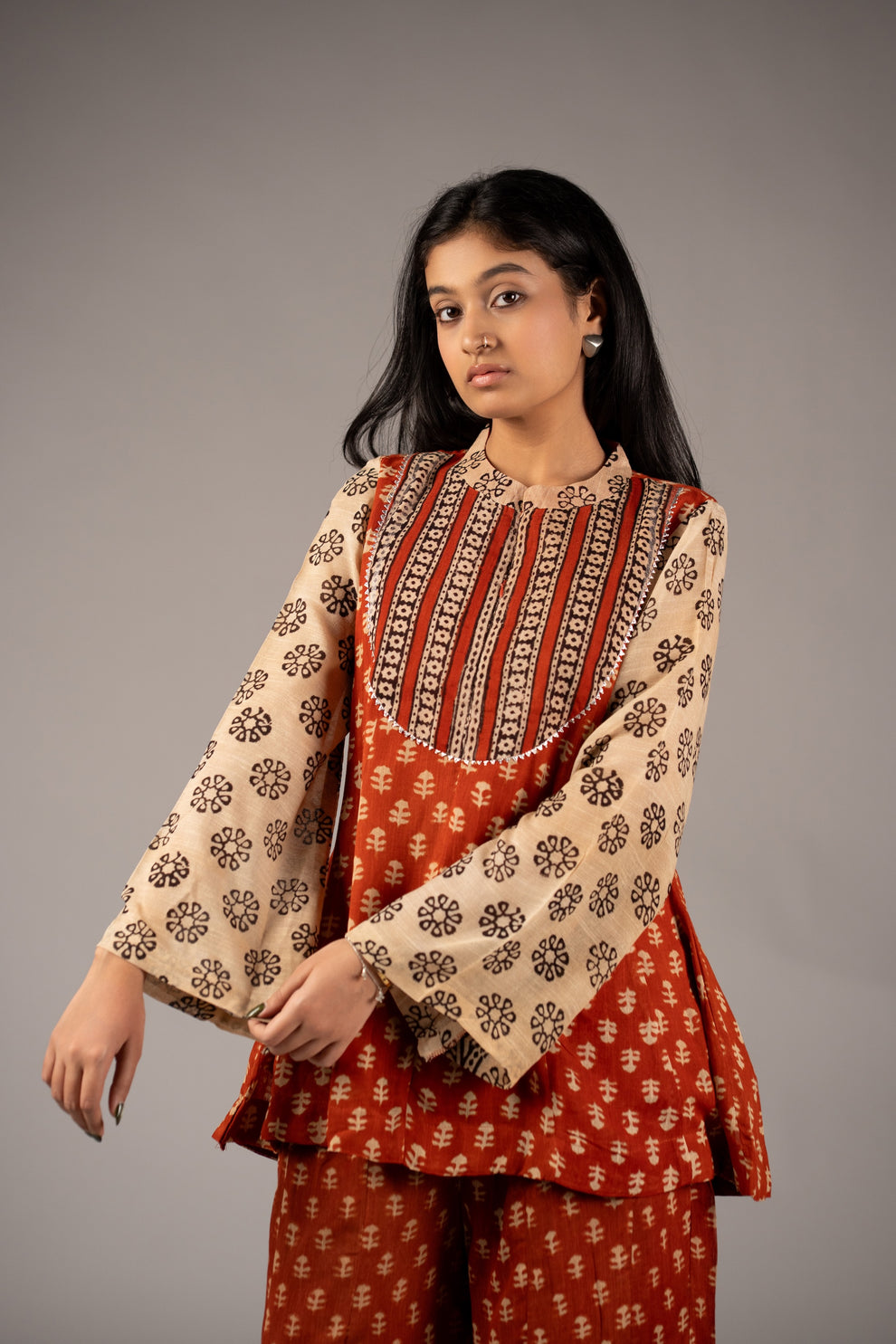 Rust Red Cotton Peplum Kurta Palazzo Set for Women