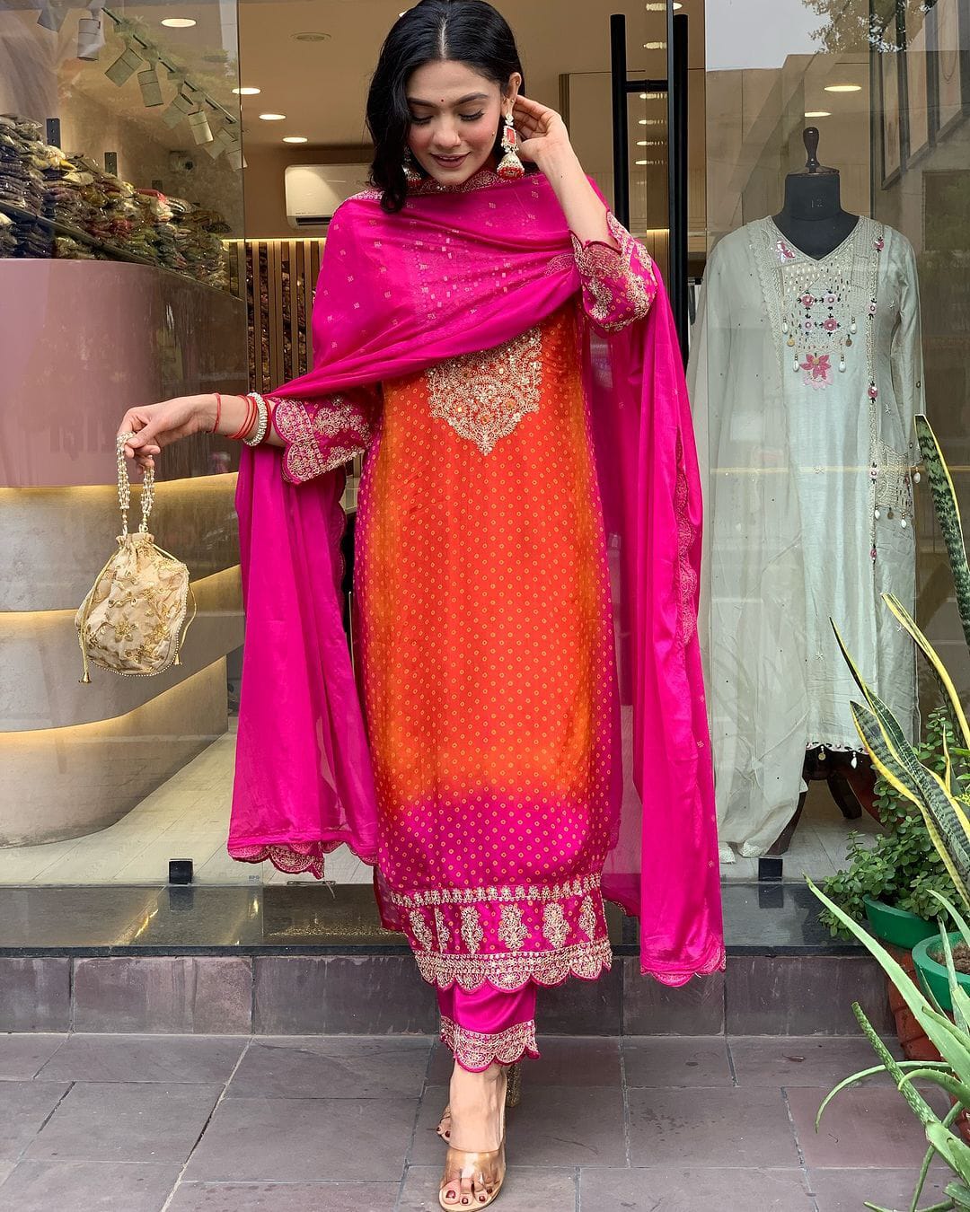 Orange rani mirror work suit set