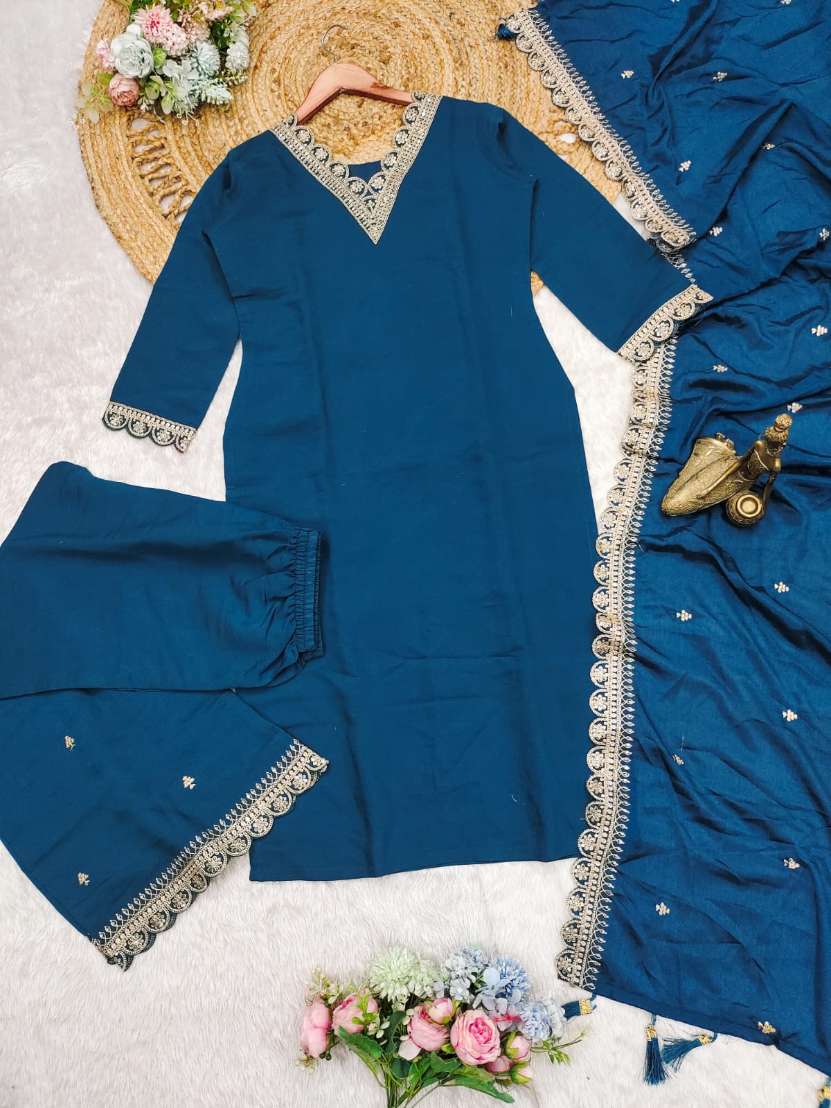 Roman Satin Febric With Heavy Work Suit Set