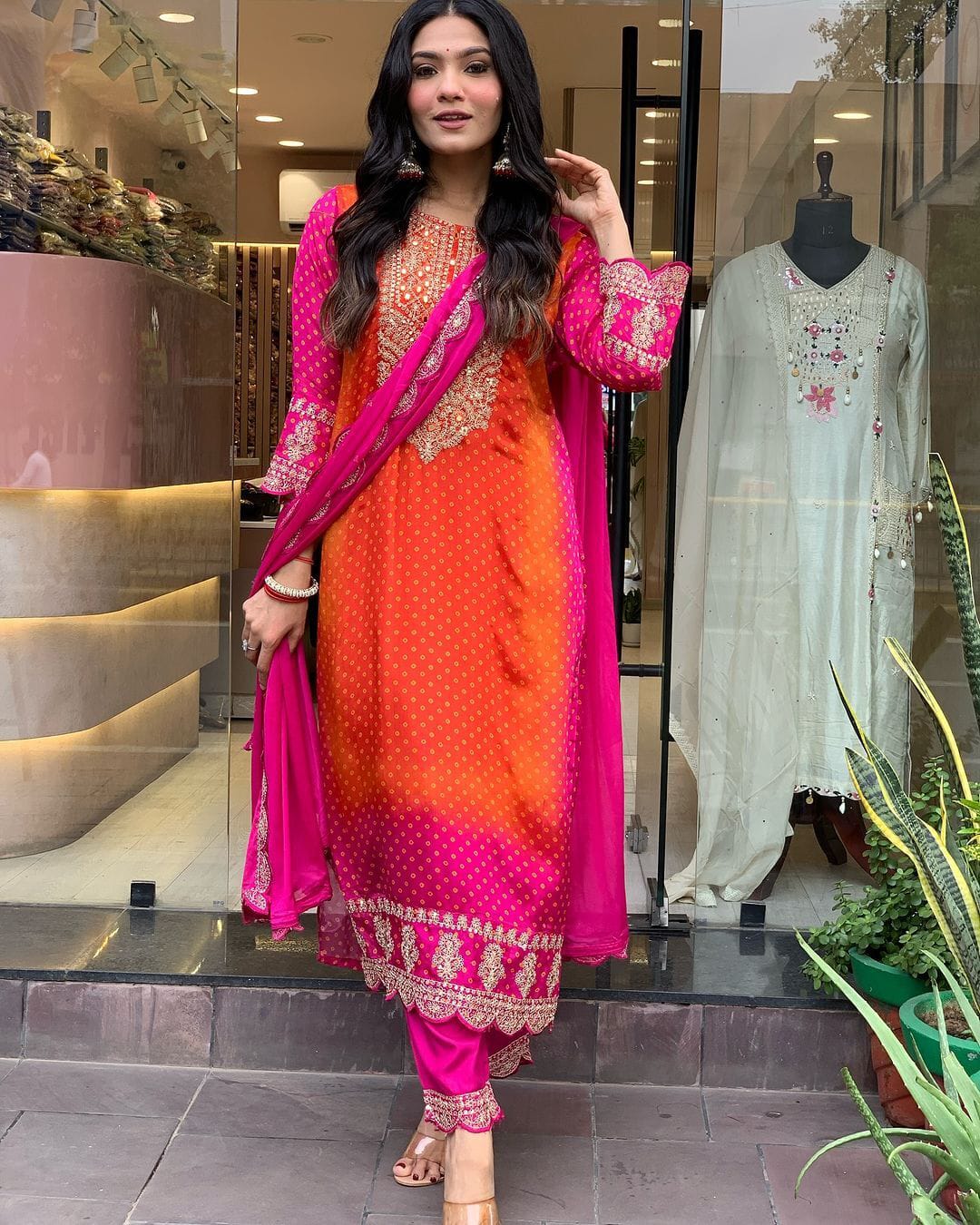 Orange rani mirror work suit set