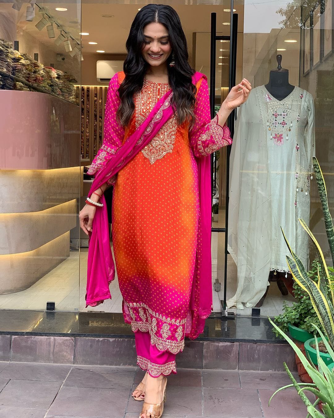 Orange rani mirror work suit set