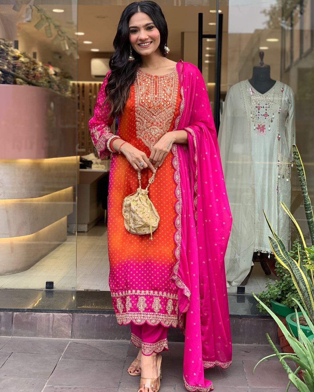 Orange rani mirror work suit set