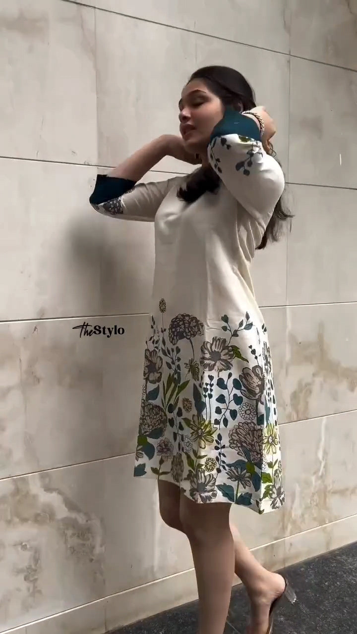 Elegant Floral-Print Cotton Kurti with Multi Accents