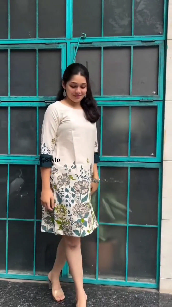 Elegant Floral-Print Cotton Kurti with Multi Accents