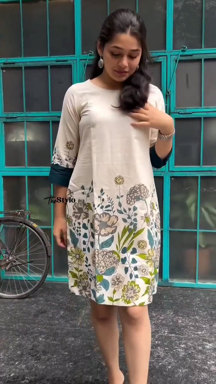 Elegant Floral-Print Cotton Kurti with Multi Accents