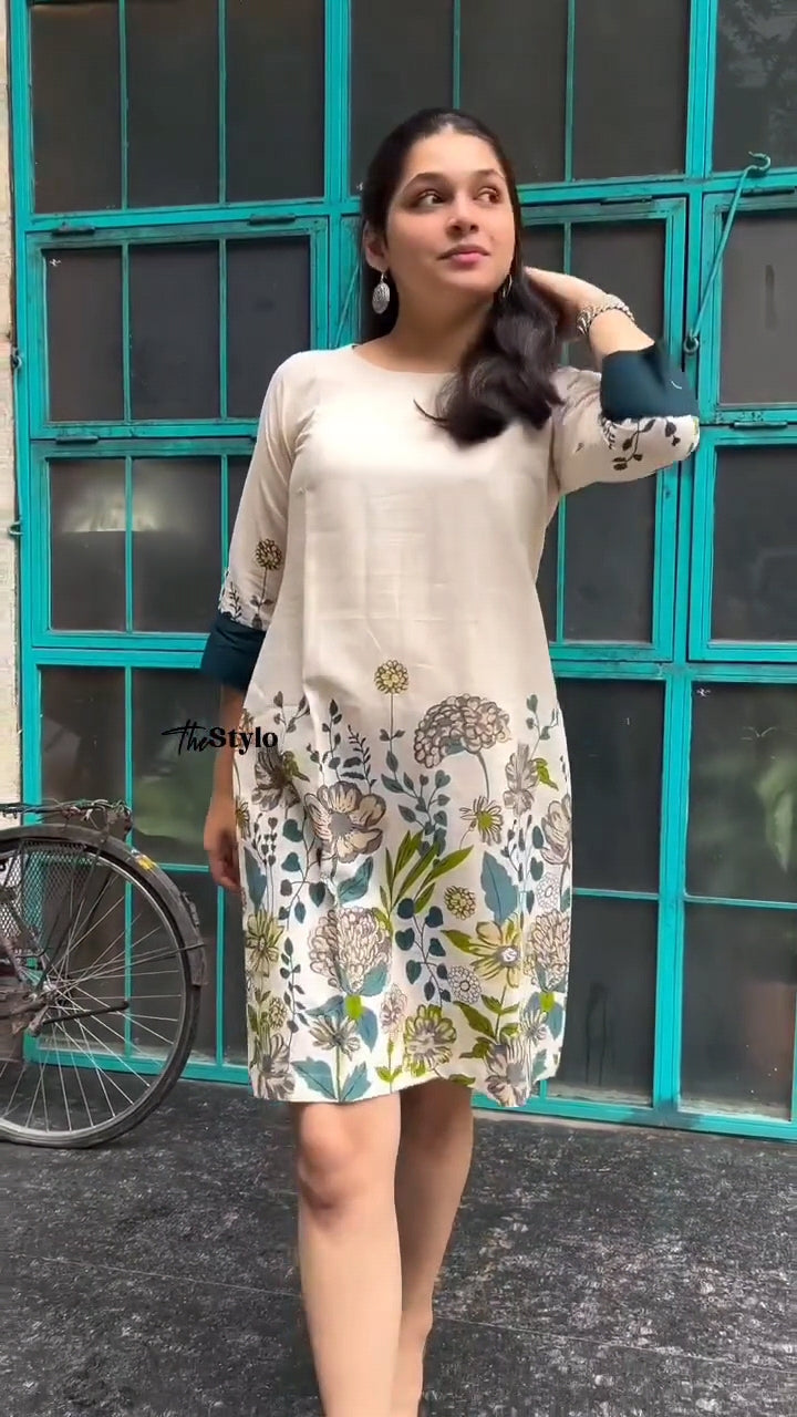 Elegant Floral-Print Cotton Kurti with Multi Accents