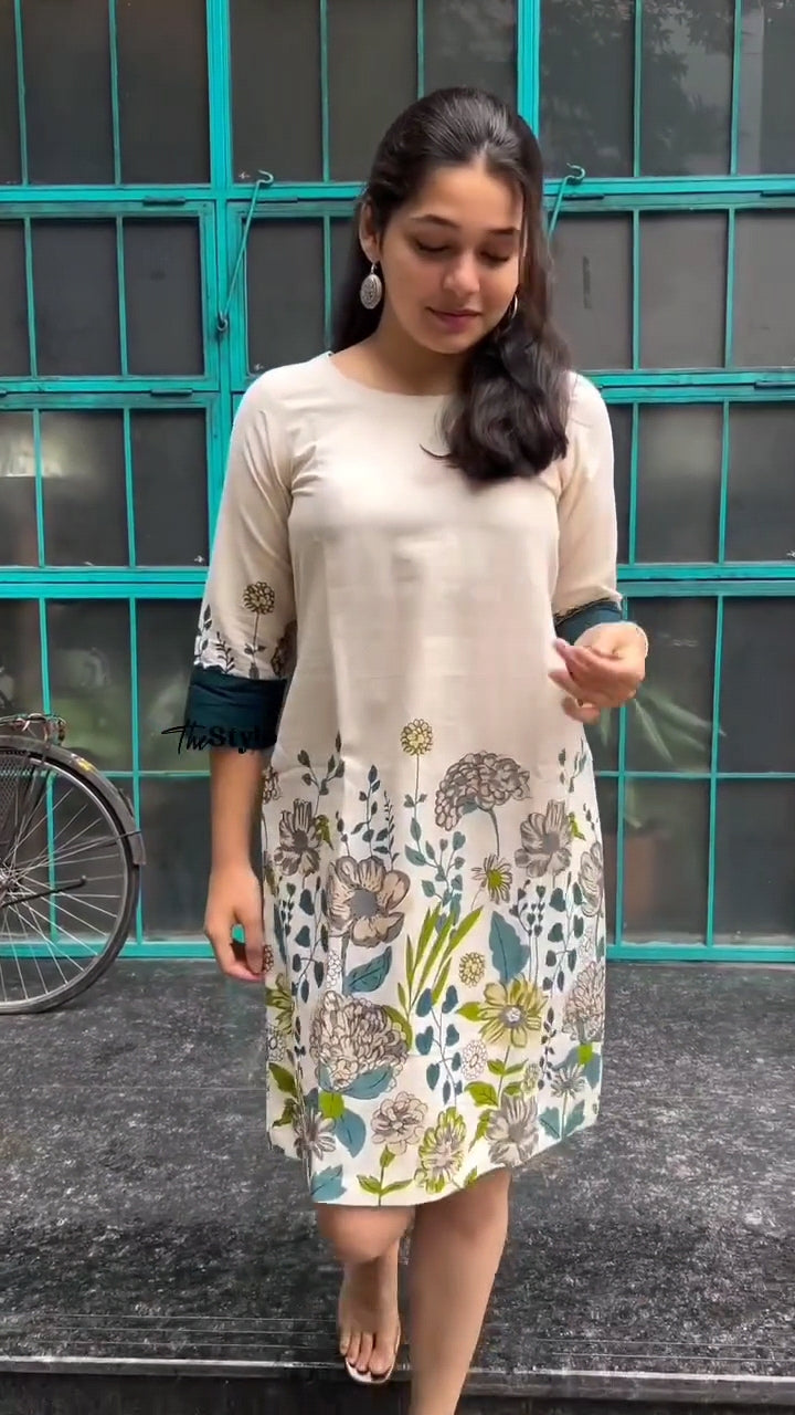 Elegant Floral-Print Cotton Kurti with Multi Accents