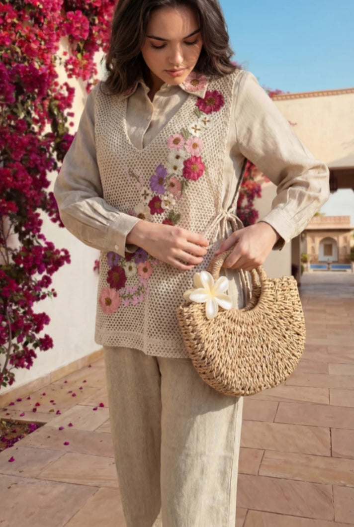 Women's Premium Jute Co-Ord Set with Floral Handcraft Crochet Overlay Vest
