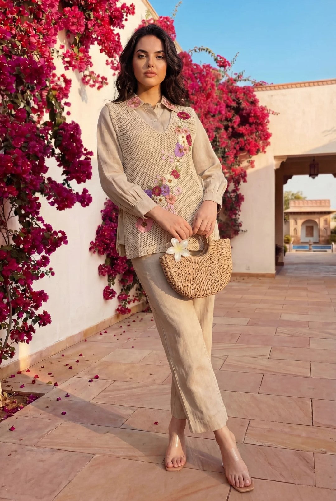Women's Premium Jute Co-Ord Set with Floral Handcraft Crochet Overlay Vest