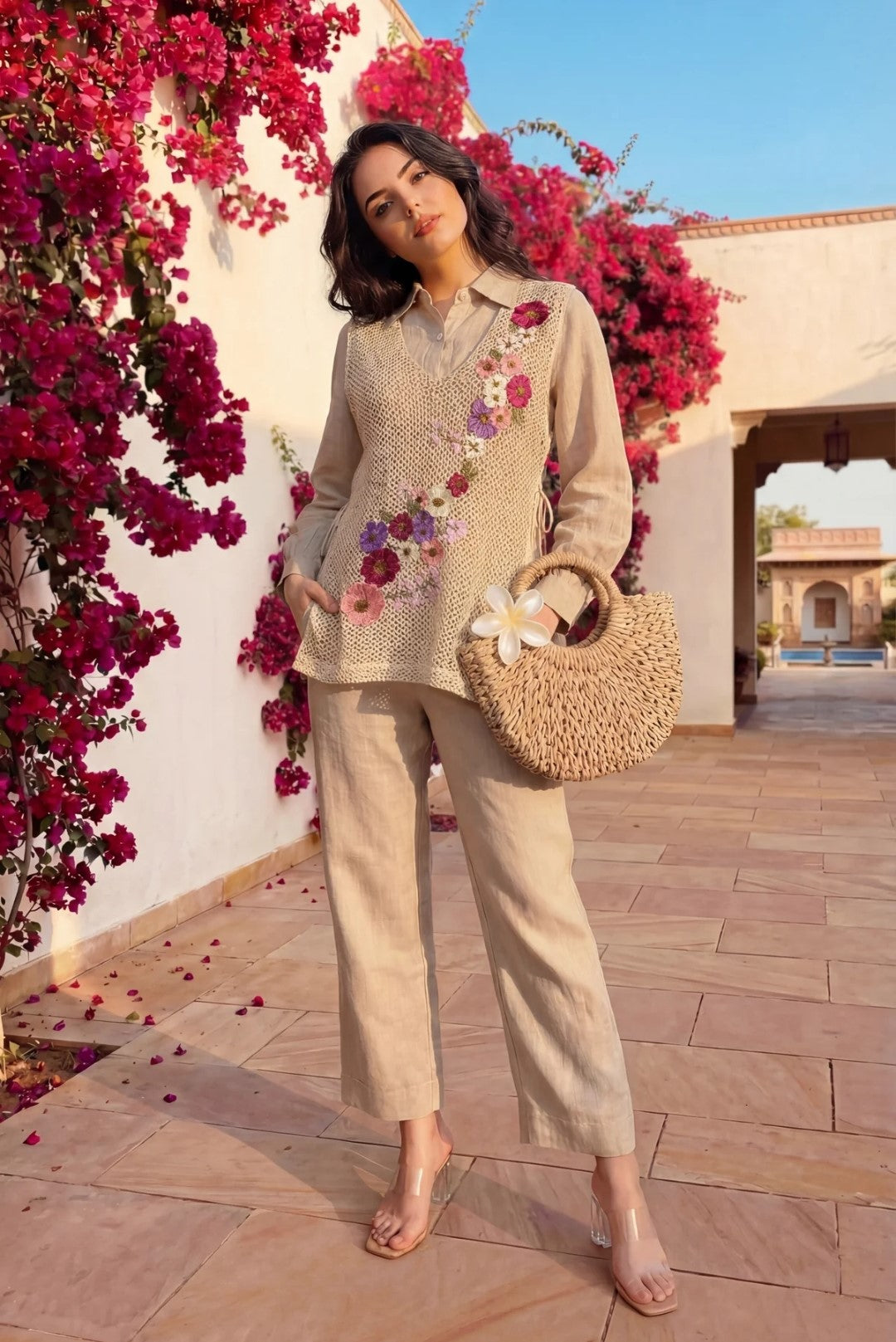 Women's Premium Jute Co-Ord Set with Floral Handcraft Crochet Overlay Vest