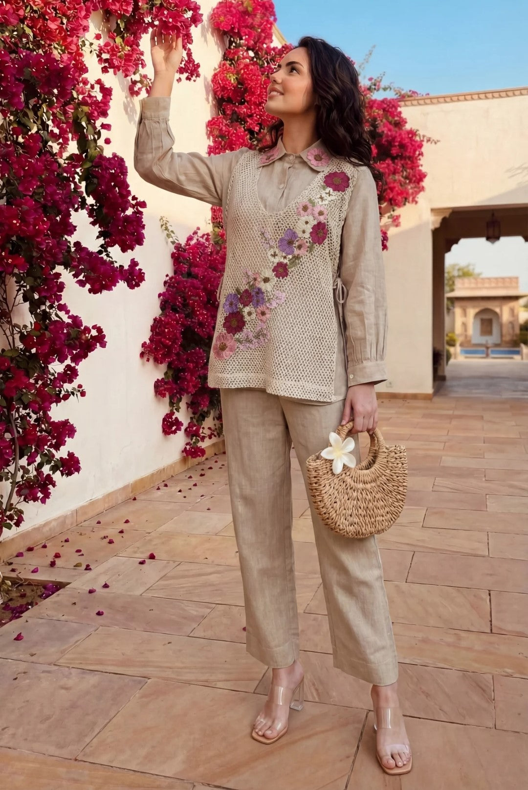 Women's Premium Jute Co-Ord Set with Floral Handcraft Crochet Overlay Vest