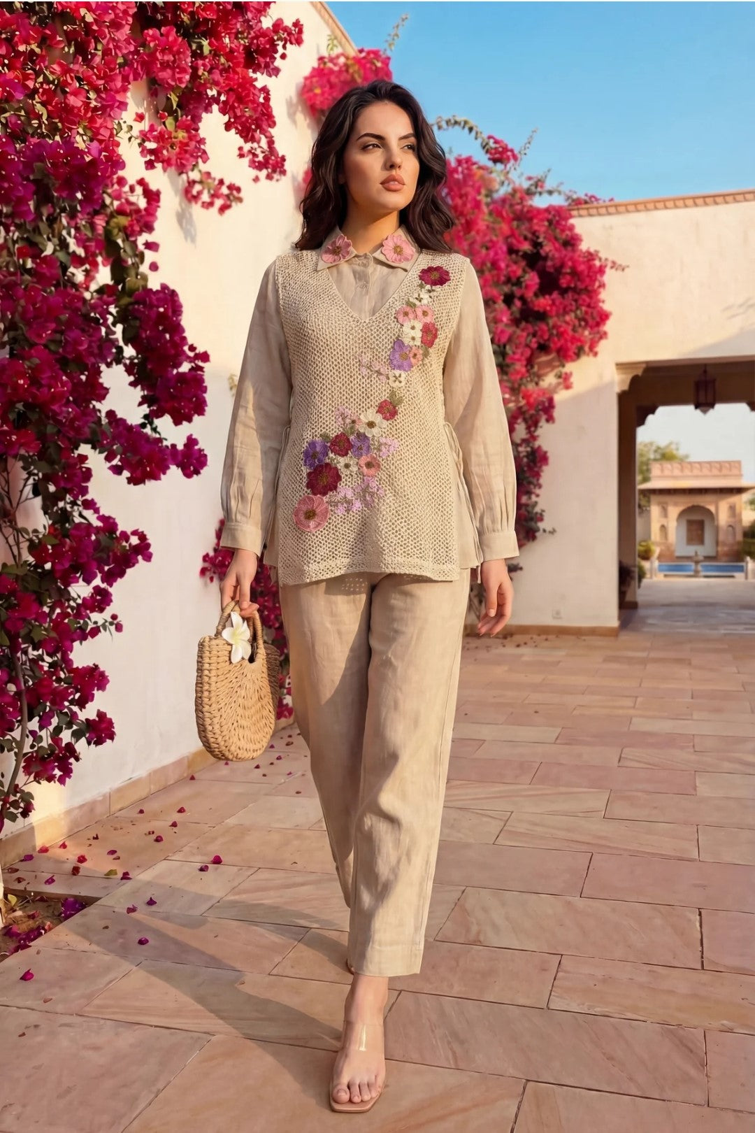 Women's Premium Jute Co-Ord Set with Floral Handcraft Crochet Overlay Vest