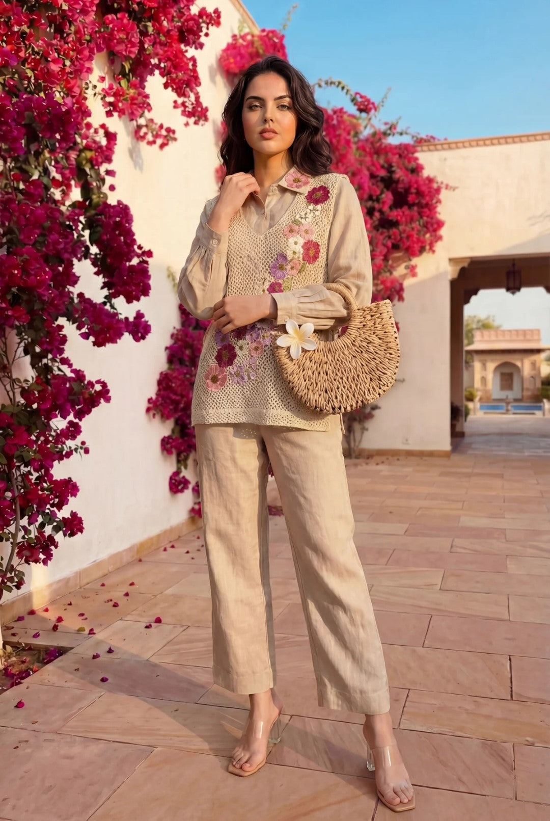 Women's Premium Jute Co-Ord Set with Floral Handcraft Crochet Overlay Vest