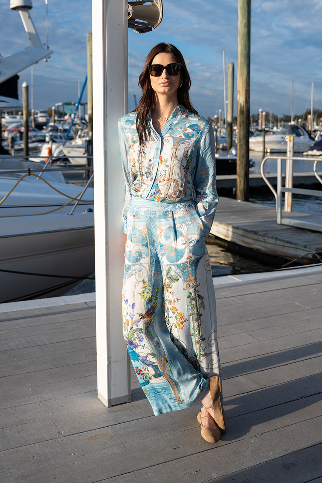 Designer Sky Blue Botanical Print Shirt and Pants Set