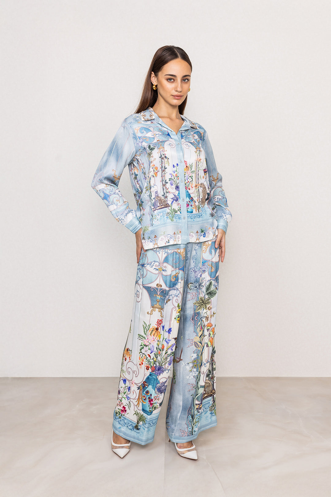 Designer Sky Blue Botanical Print Shirt and Pants Set