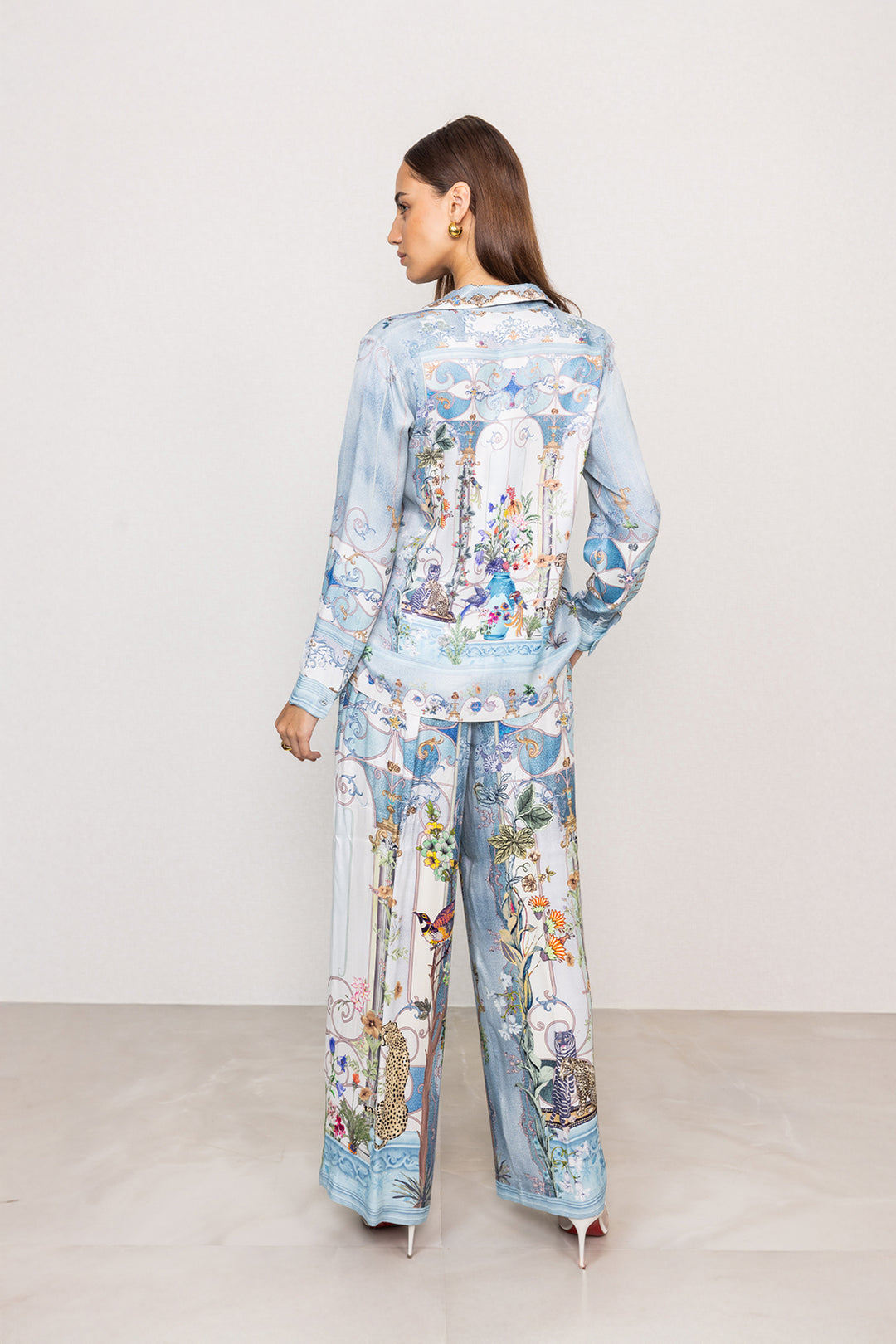 Designer Sky Blue Botanical Print Shirt and Pants Set