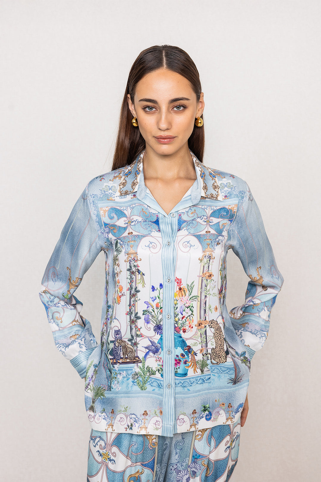 Designer Sky Blue Botanical Print Shirt and Pants Set