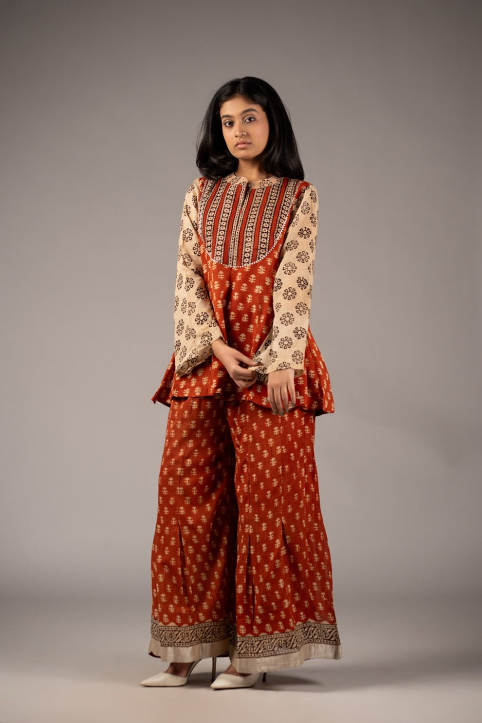 Rust Red Cotton Peplum Kurta Palazzo Set for Women