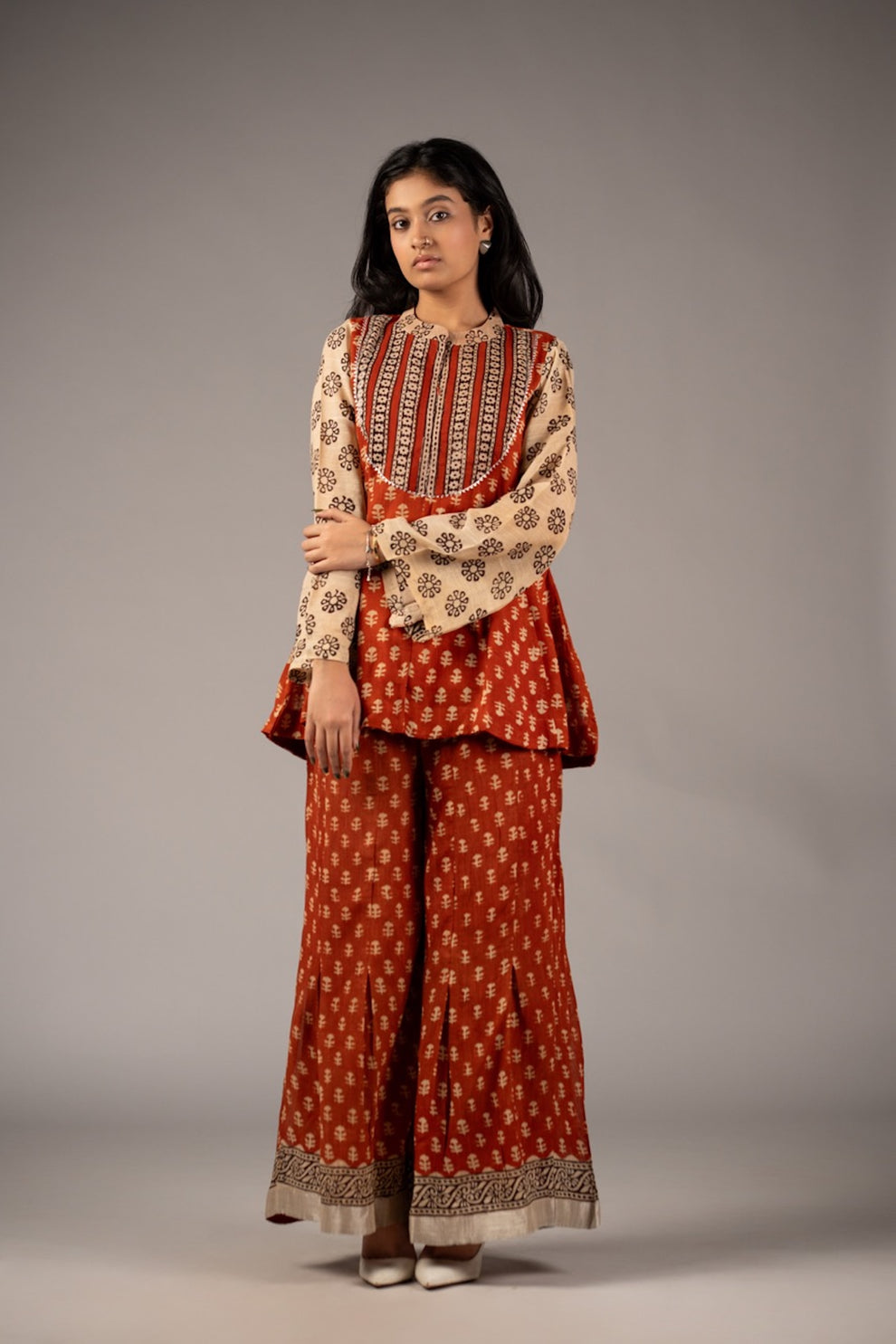 Rust Red Cotton Peplum Kurta Palazzo Set for Women