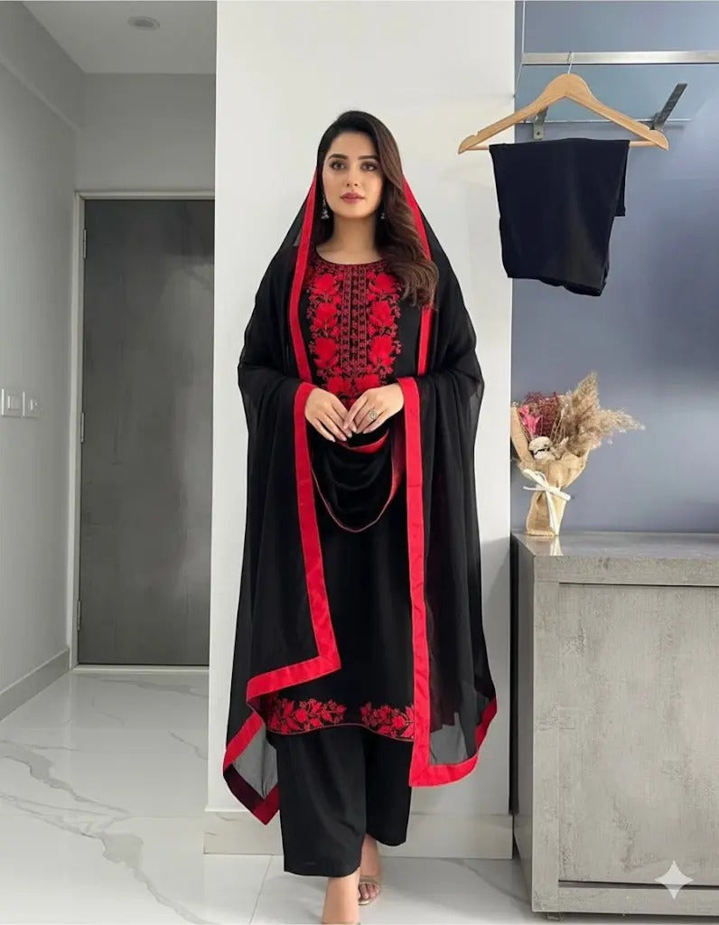 Premium Black Floral Embroidered Kurta Pant & Dupatta Set