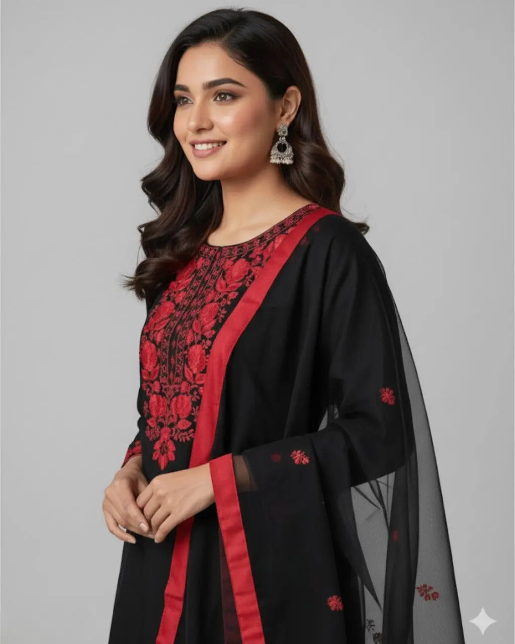 Premium Black Floral Embroidered Kurta Pant & Dupatta Set