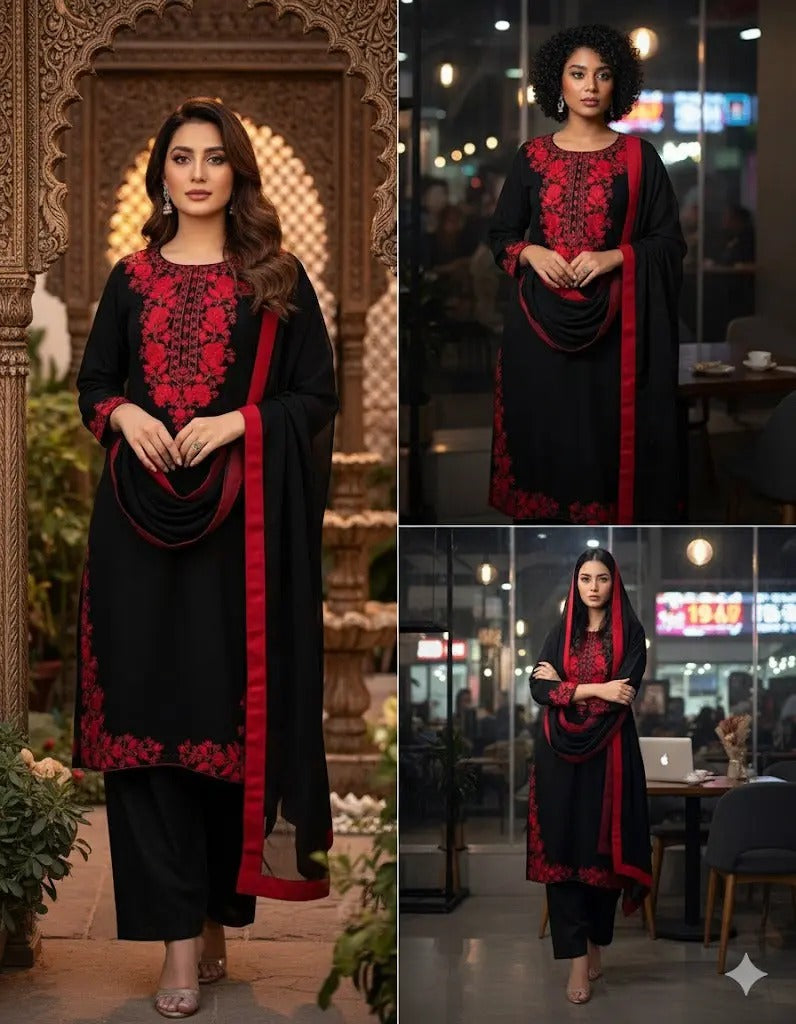 Premium Black Floral Embroidered Kurta Pant & Dupatta Set