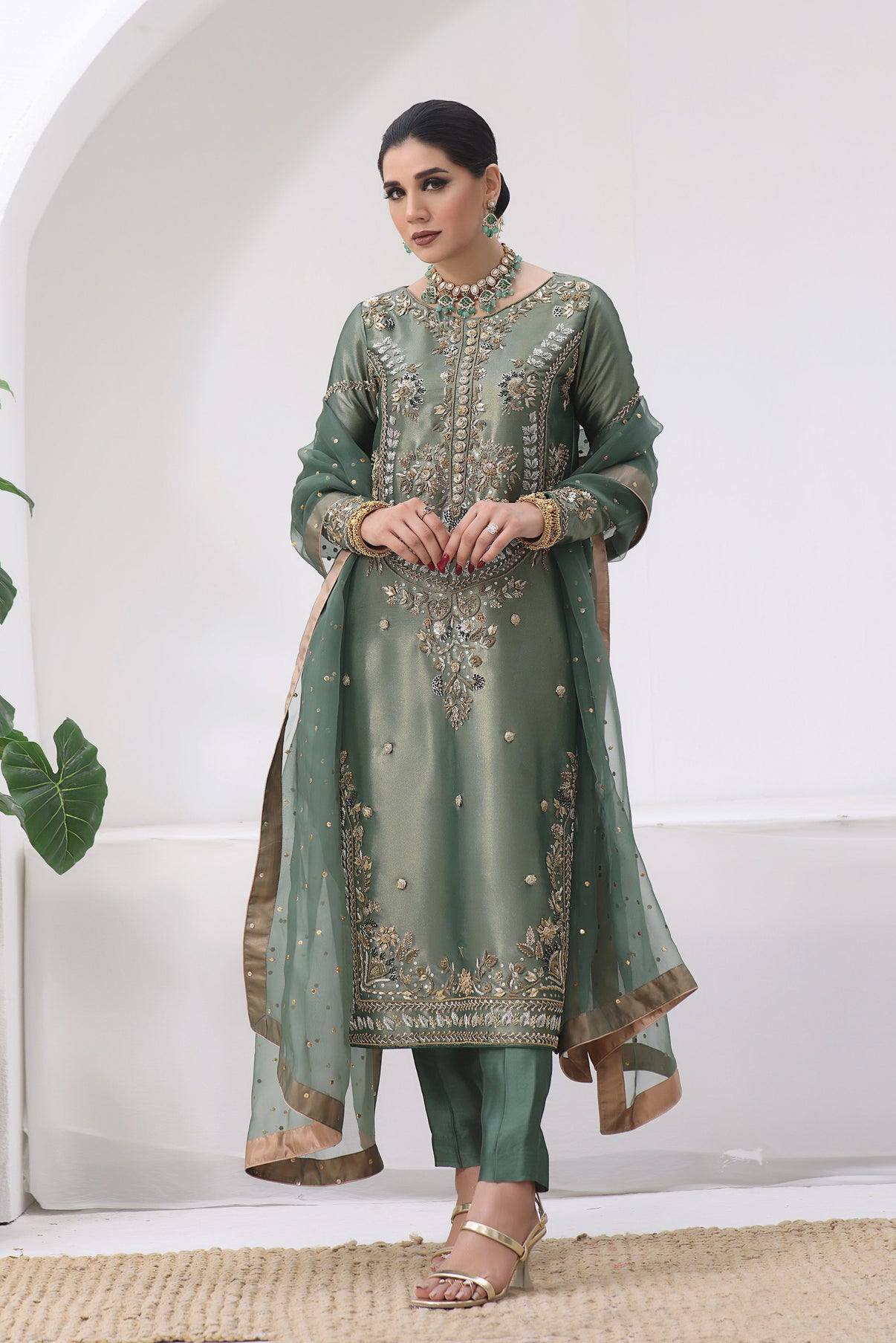 Sage Green Heavy Embroidered Kurta Pant & Organza Dupatta Set for Women