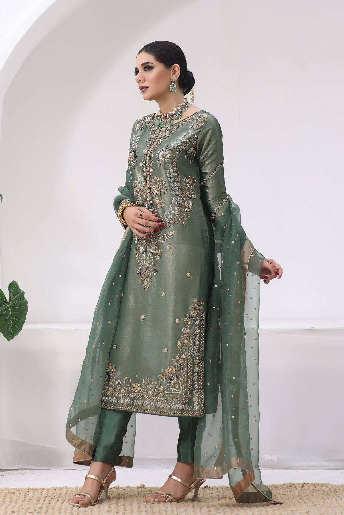 Sage Green Heavy Embroidered Kurta Pant & Organza Dupatta Set for Women