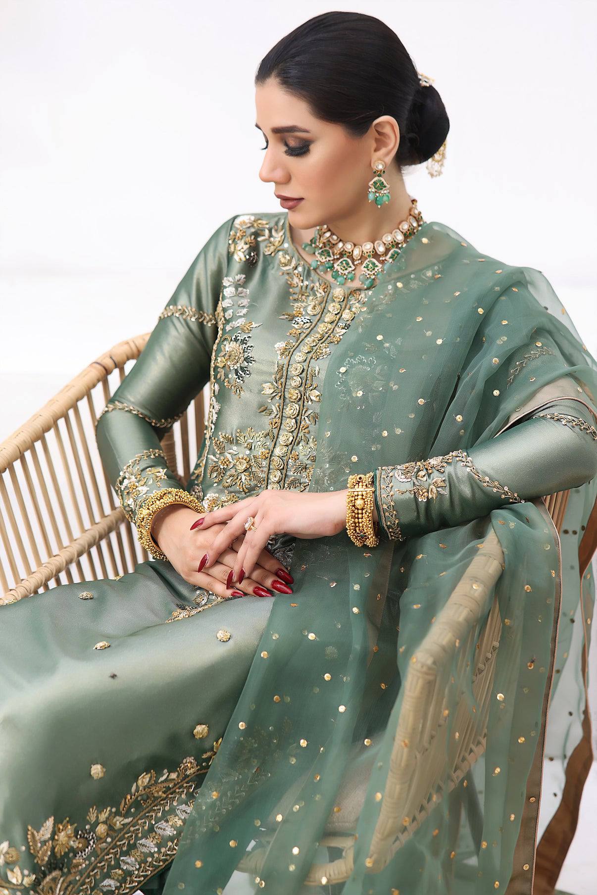 Sage Green Heavy Embroidered Kurta Pant & Organza Dupatta Set for Women