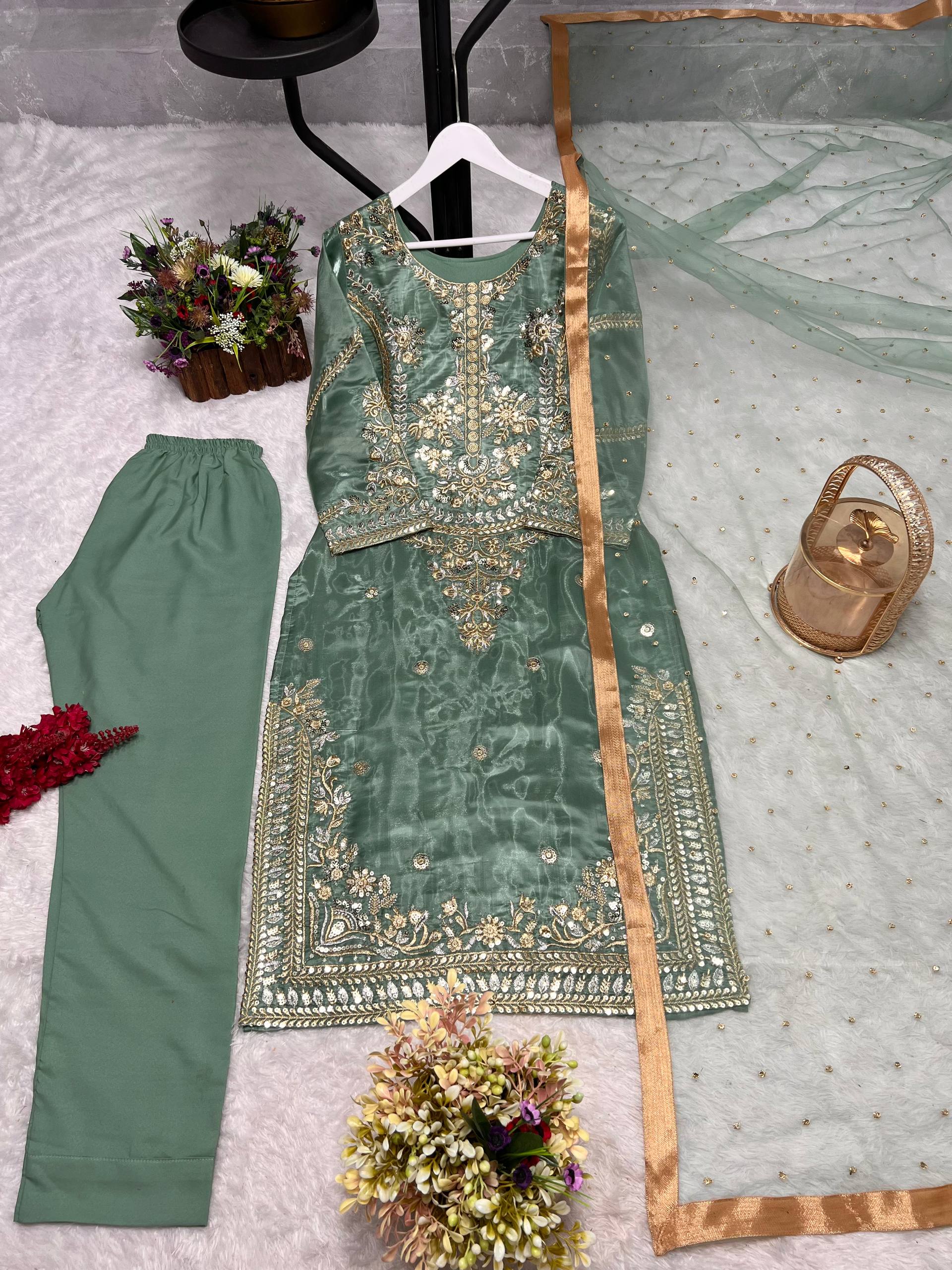 Sage Green Heavy Embroidered Kurta Pant & Organza Dupatta Set for Women