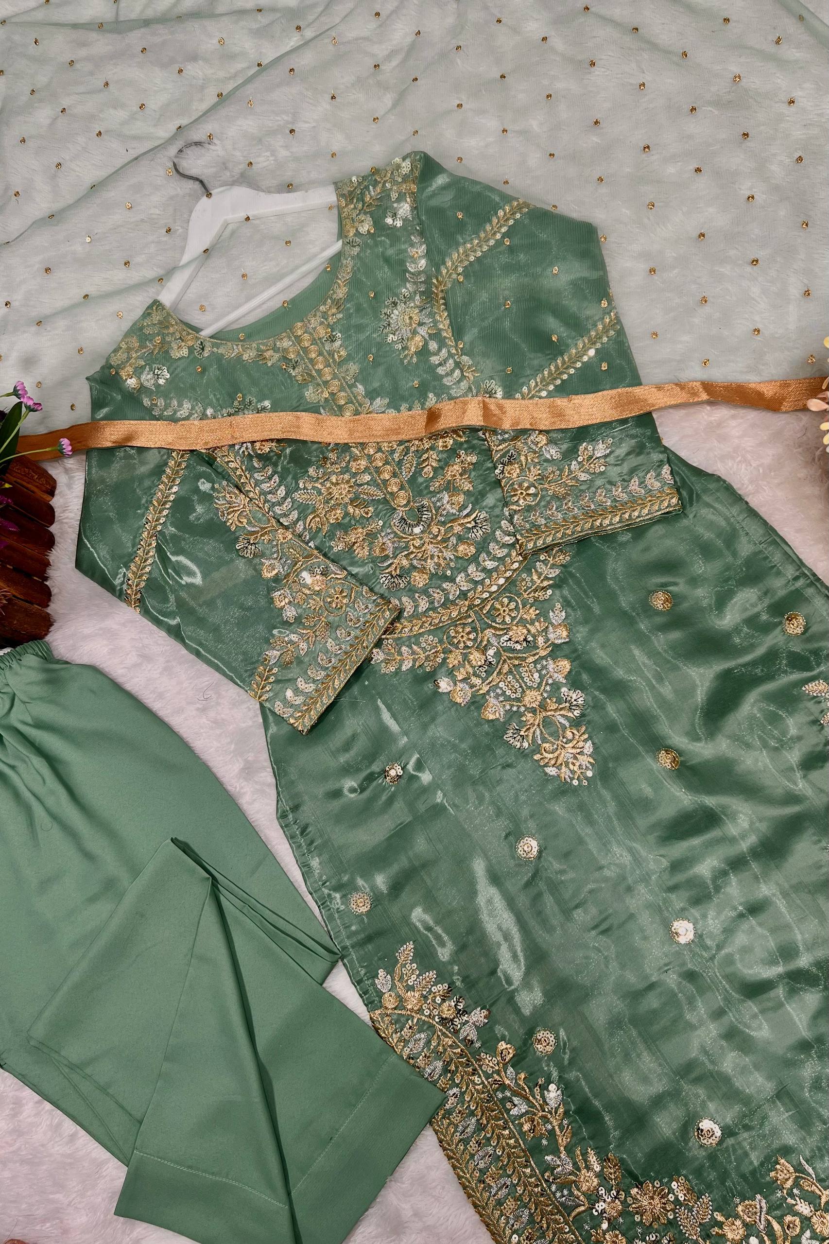 Sage Green Heavy Embroidered Kurta Pant & Organza Dupatta Set for Women