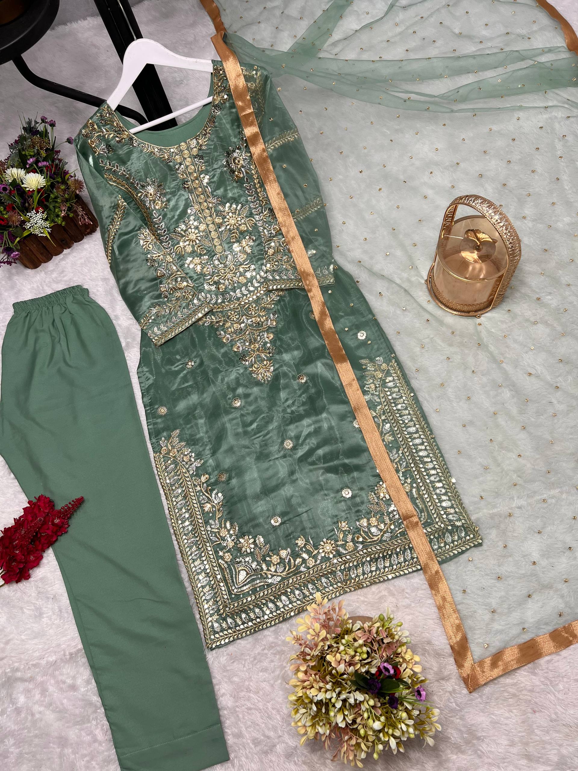 Sage Green Heavy Embroidered Kurta Pant & Organza Dupatta Set for Women