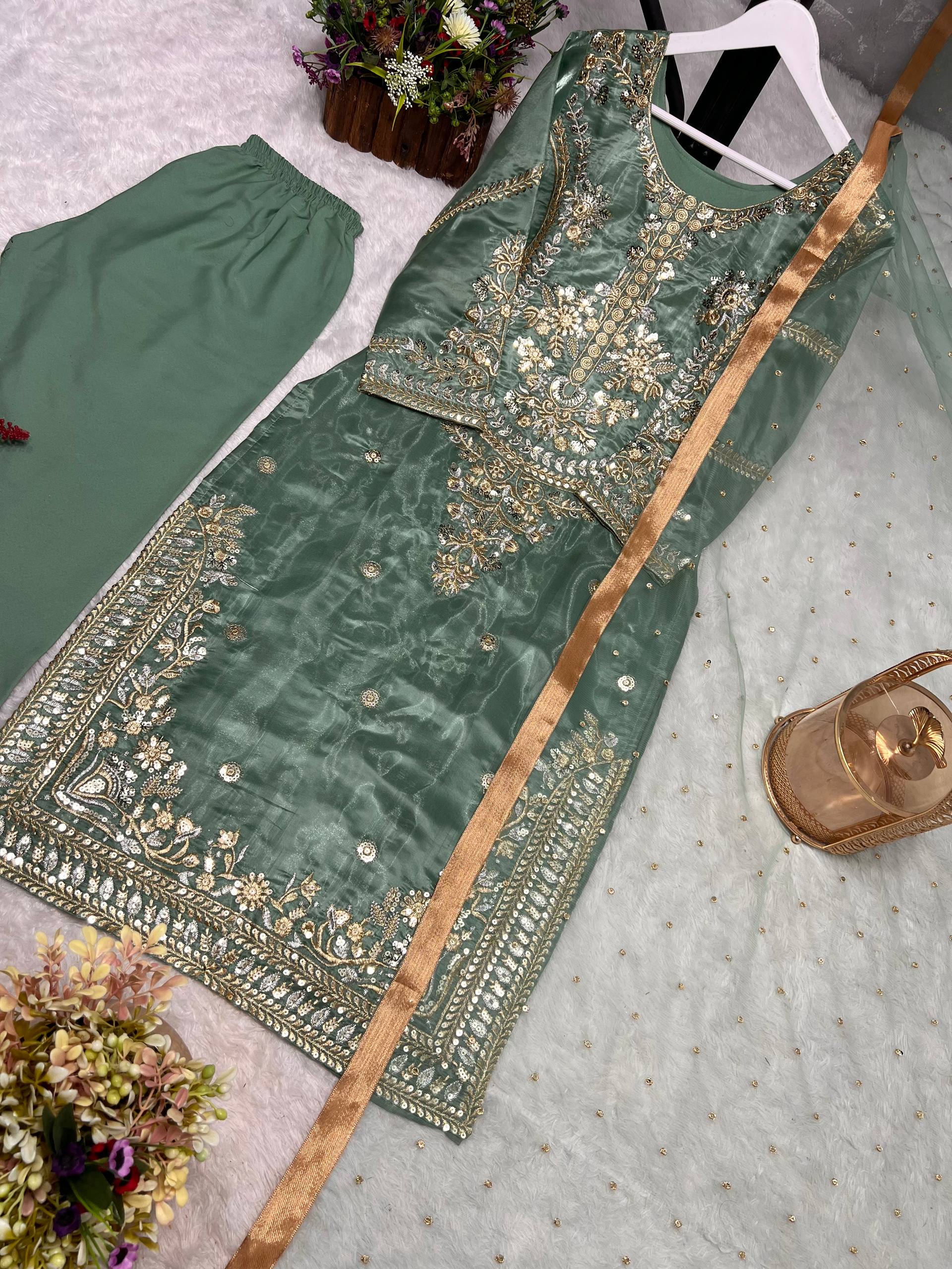 Sage Green Heavy Embroidered Kurta Pant & Organza Dupatta Set for Women