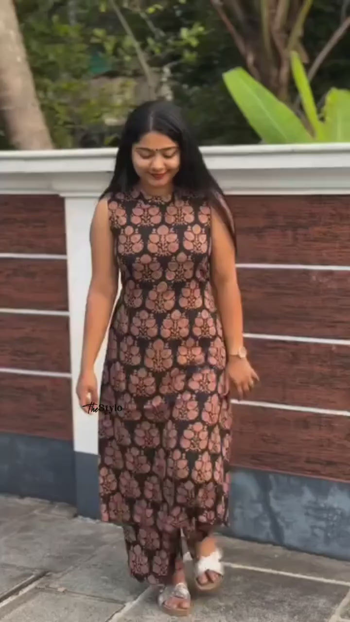 Stylish Black and Peach Floral Kurti & Palazzo Pair