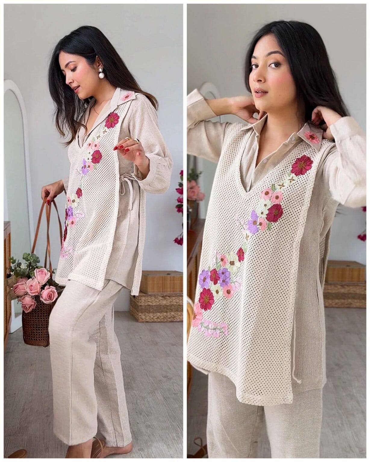 Women's Premium Jute Co-Ord Set with Floral Handcraft Crochet Overlay Vest