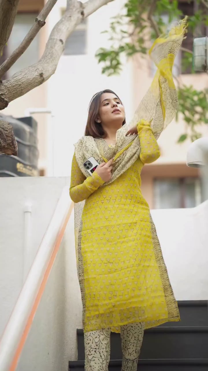 Mustard Yellow Printed Kurta Set with Dupatta