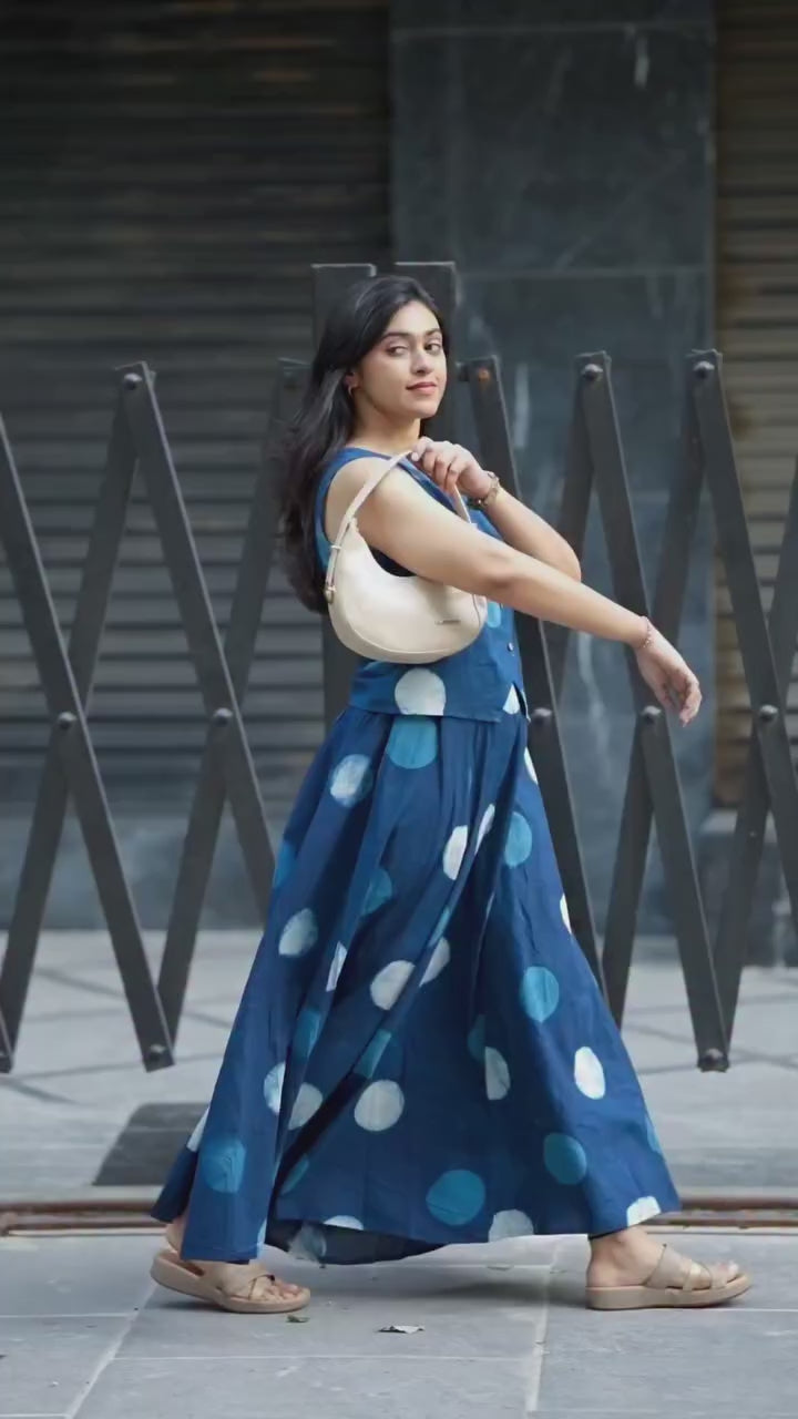 Indigo Printed Sleeveless Top with Flared Skirt Set